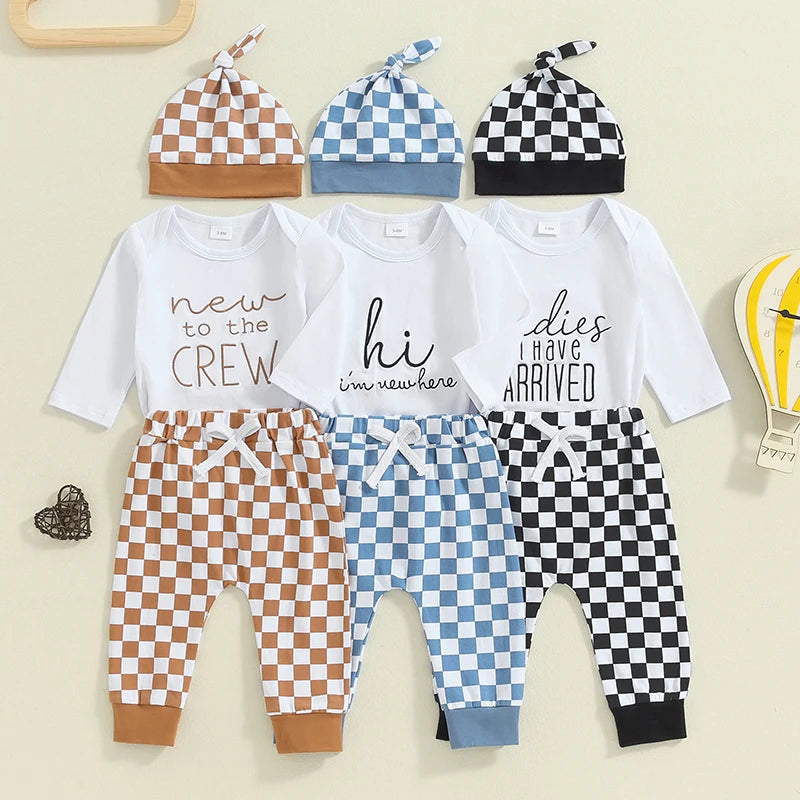 Baby Boy 3Pcs Fall Outfit New To The Crew / Hi I'm New Here / Ladies I Have Arrived Letter Print Long Sleeve Romper and Elastic Checker Pants Beanie Hat Set