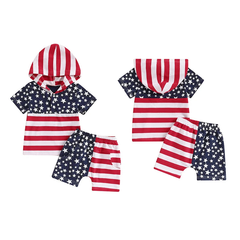 Toddler Baby Boy Girl 2Pcs 4th of July Outfit Short Sleeve Stars and Stripes Flag Print Hooded Top + Shorts Set Clothes