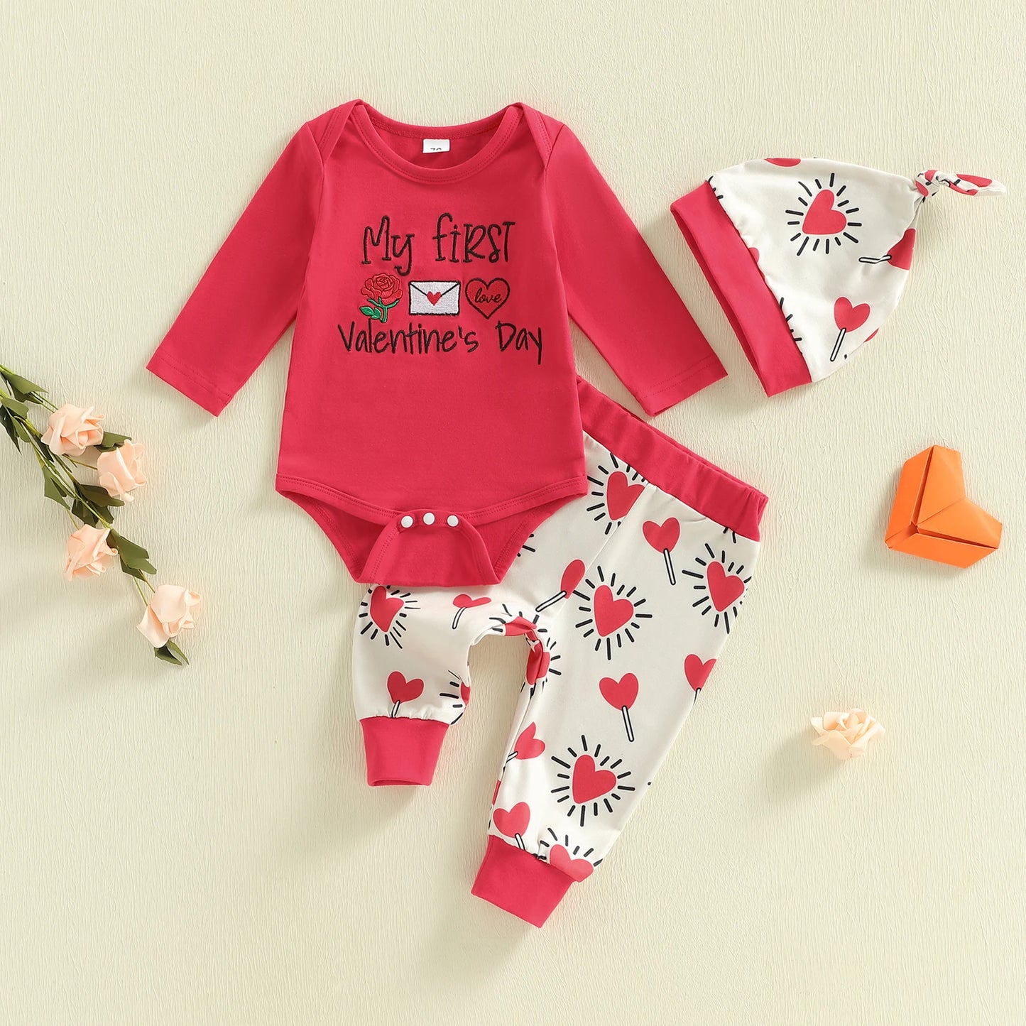 Baby Boy Girl 3Pcs My First Valentine's Day Outfit Letter Print Long Sleeve Romper Heart Candy Pattern Long Pants and Hat 3Pcs Set