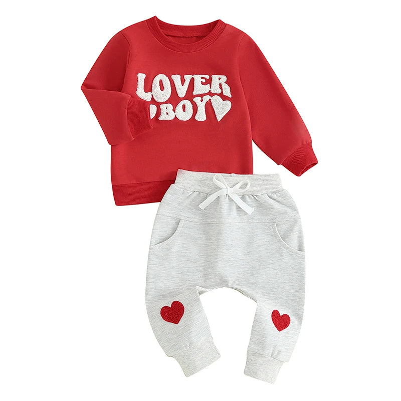 Toddler Baby Boy 2Pcs Valentine's Day Outfits Lover Boy Letter Embroidery Long Sleeve Top and Elastic Pant Clothes Set