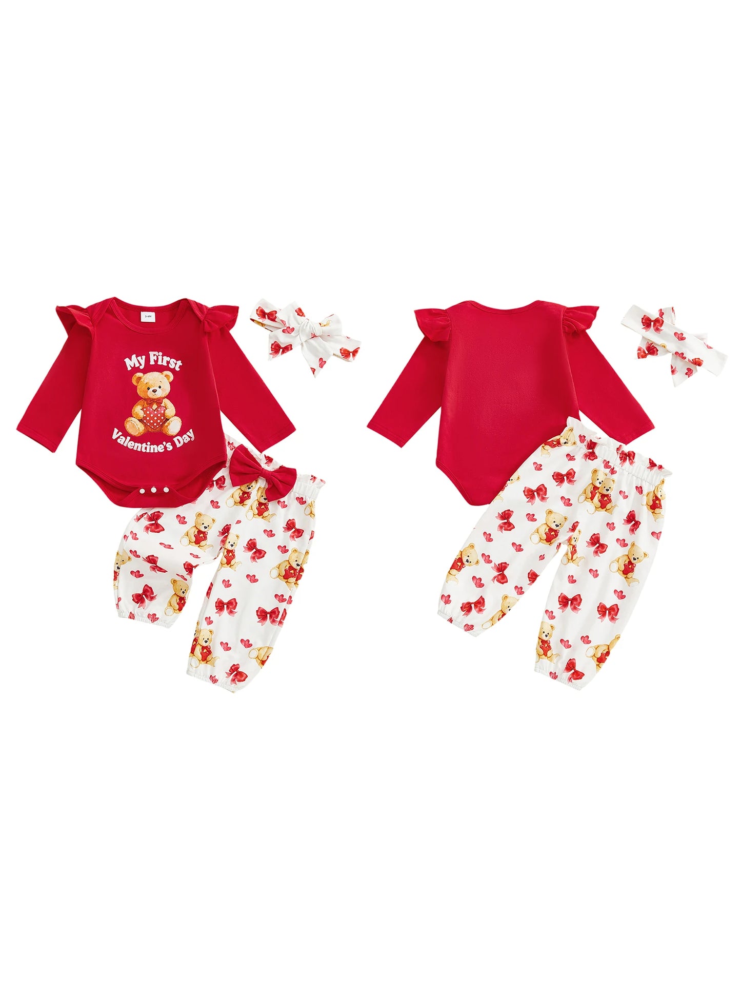 Baby Girl 3Pcs My First Valentine's Day Outfit Ruffle Long Sleeve Crew Neck Bear Print Romper Elastic Waist Pants and Headband Set