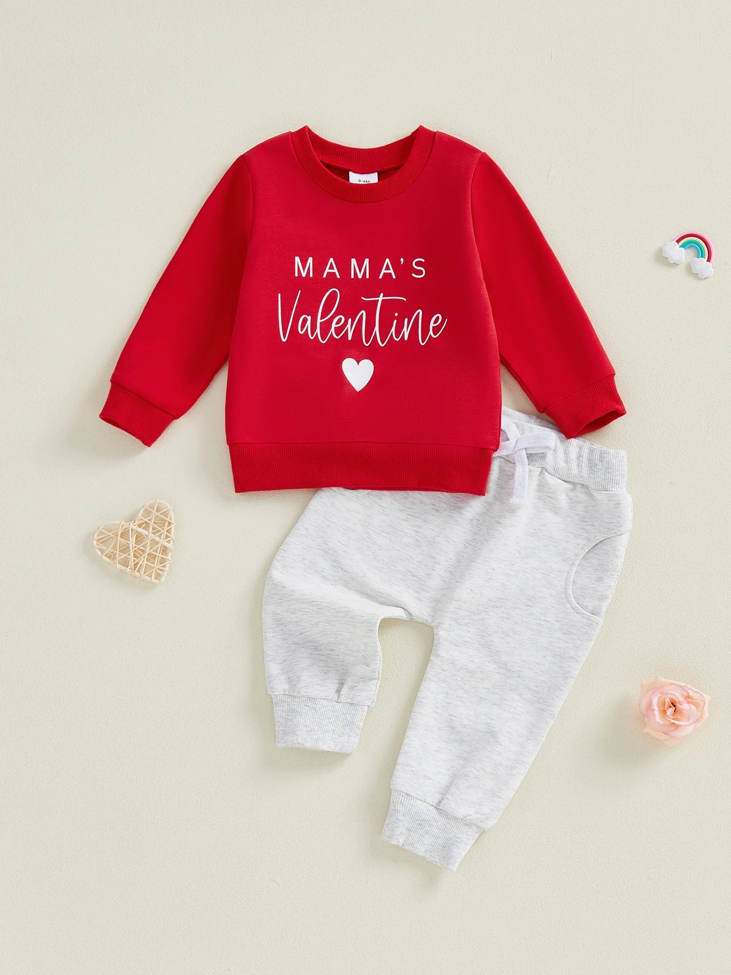 Baby Toddler Girls Boys 2Pcs Valentines Day Outfit Daddy's / Mama's Valentine Heart Letter Long Sleeve Top and Solid Joggers 2 Piece Jogger Set