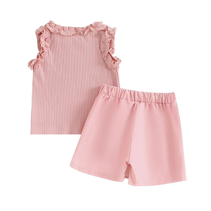 Baby Toddler Kids Girl 2Pcs Summer Outfit Solid Color Ribbed Frills Sleeveless Tank Top and Houndstooth Shorts Skirt Skort Set