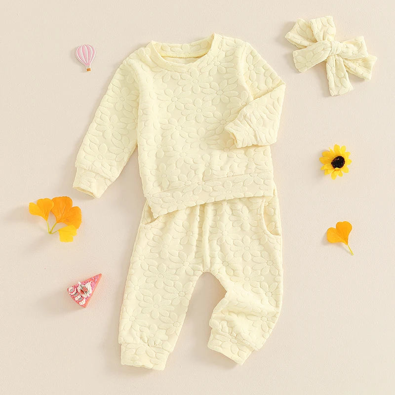 Baby Toddler Girls 3Pcs Fall Outfit Daisy Flower Embroidery Long Sleeve Top with Elastic Waist Pants Headband Set