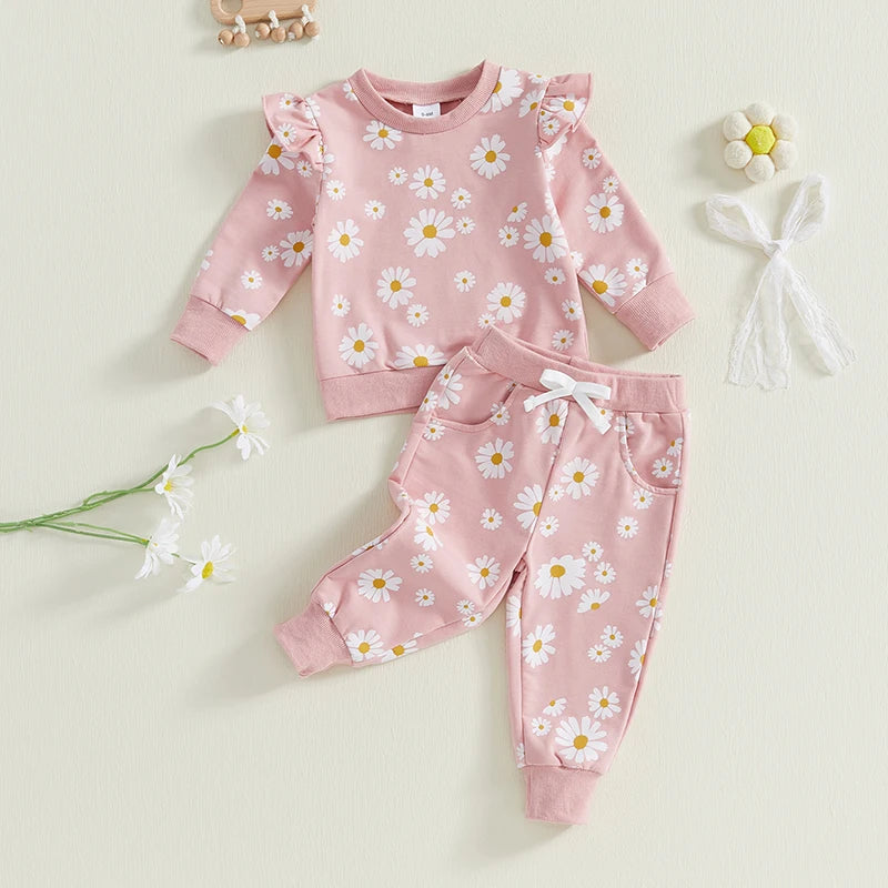 Baby Toddler Girls 2Pcs Spring Fall Outfit Daisy Print Ruffle Long Sleeve Pullover Top Elastic Waist Jogger Pants Set