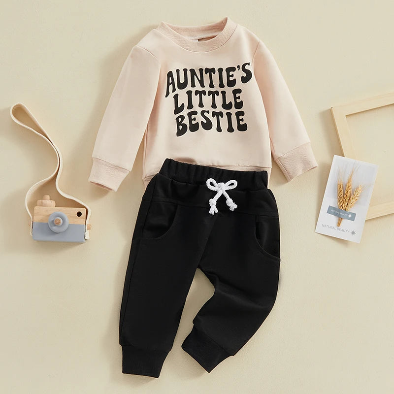 Baby Toddler Boys Girls 2Pcs Auntie's Little Bestie Set Letter Print Long Sleeve Pullover Top Pants Fall Winter Outfit