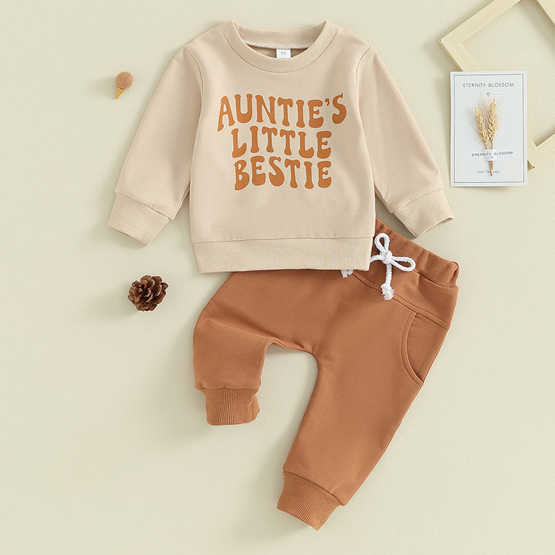 Baby Toddler Boys Girls 2Pcs Auntie's Little Bestie Set Letter Print Long Sleeve Pullover Top Pants Fall Winter Outfit