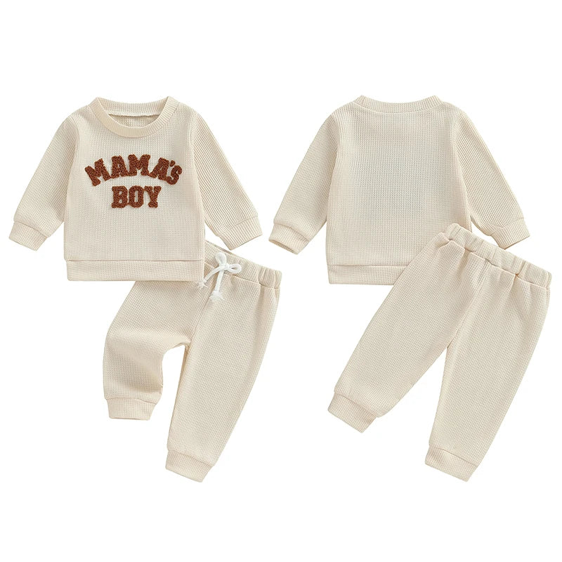 Baby Toddler Boys 2Pcs Mama's Boy Waffle Outfit Letter Embroidery Long Sleeve Top Elastic Waist Pants Set