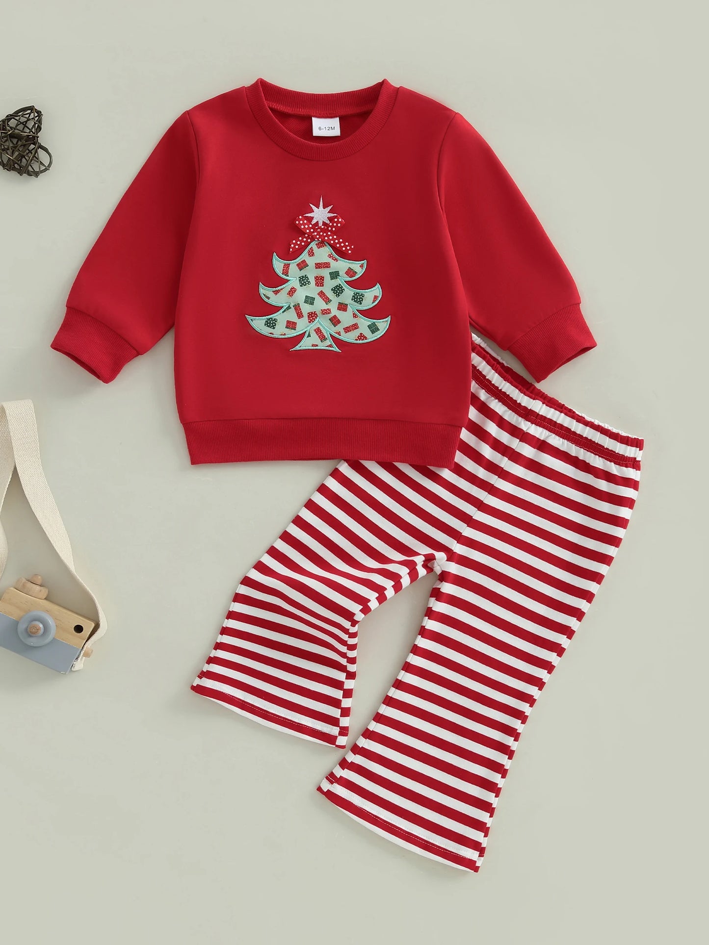 Baby Toddler Girl 2Pcs Christmas Outfit Tree Embroidery Long Sleeve Round Neck Pullover Top Stripe Flare Pants Set