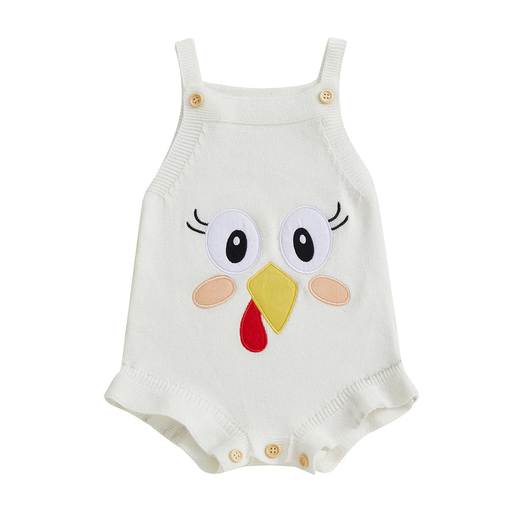Baby Girl Thanksgiving Knit Romper Cute Turkey Print Square Neck Sleeveless Infant Jumpsuit Overalls