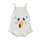 Baby Girl Thanksgiving Knit Romper Cute Turkey Print Square Neck Sleeveless Infant Jumpsuit Overalls