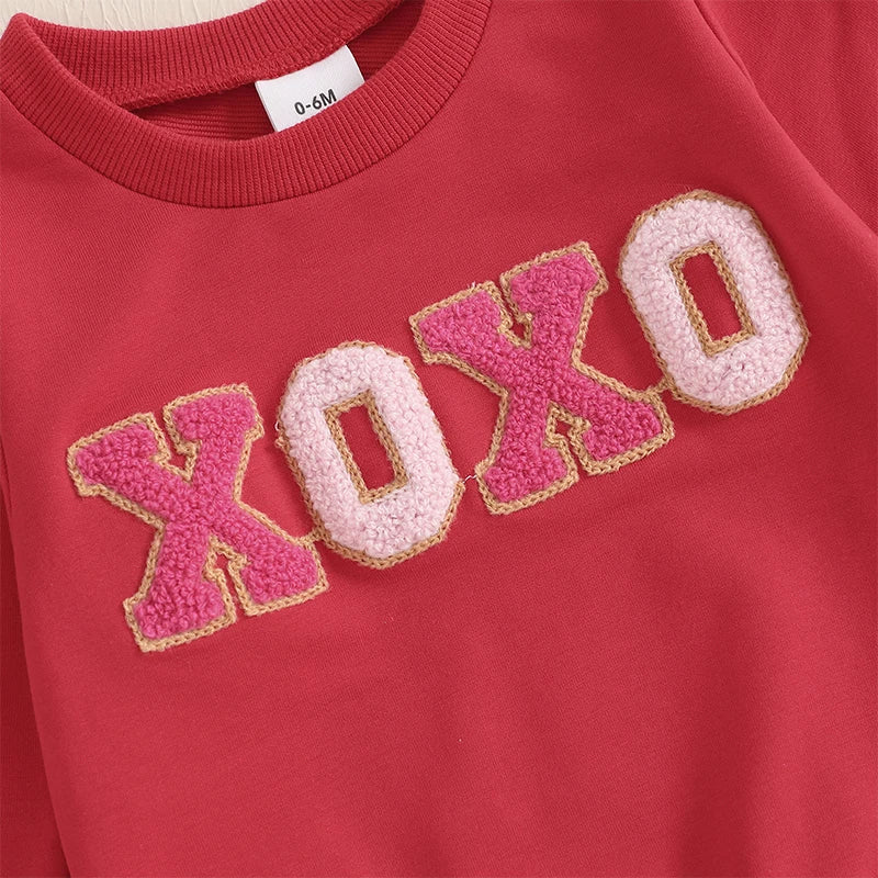 Baby Toddler Girls 2Pcs XOXO Valentine's Day Outfit Letter Embroidery Long Sleeve Crewneck Top with Heart Pattern Flare Pants Valentines Set