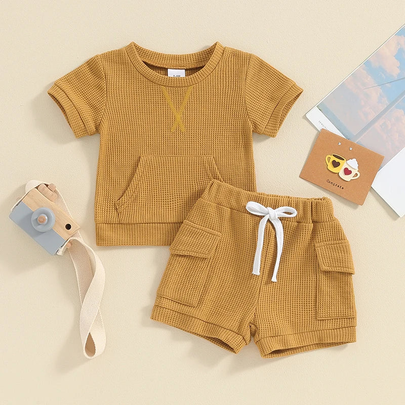 Baby Toddler Boy Girl 2Pcs Waffle Outfit Solid Color Short Sleeve Pocket Top with Elastic Waist Shorts Set