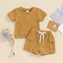 Load image into Gallery viewer, Baby Toddler Boy Girl 2Pcs Waffle Outfit Solid Color Short Sleeve Pocket Top with Elastic Waist Shorts Set
