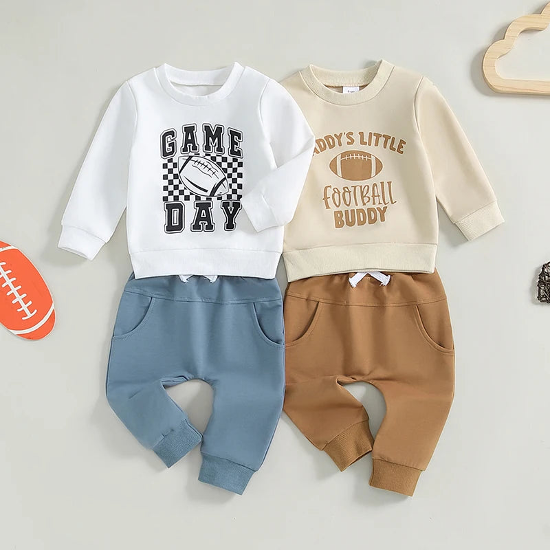 Baby Toddler Boys 2Pcs Game Day / Daddy's Little Football Buddy Fall Outfit Letter Print Long Sleeve Top and Elastic Pants Set