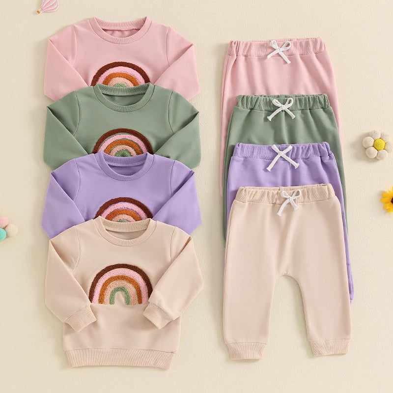 Baby Toddler Girls 2Pcs Outfit Embroidery Rainbow Long Sleeve Crew Neck Top with Elastic Waist Pants Set