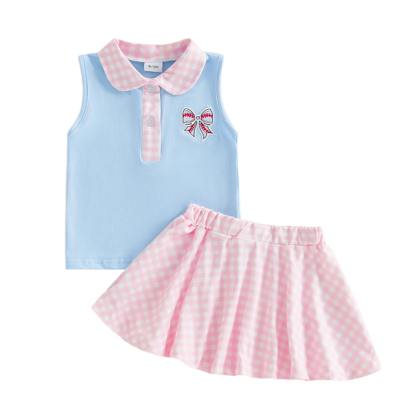 Baby Toddler Girls 2Pcs Outfit Bow Embroidery Sleeveless Turn Down Collar Tank Top and Elastic Waist Plaid Skirt Set