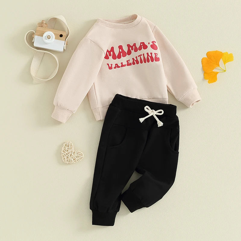 Toddler Baby Boy 2Pcs Valentine's Day Outfit Mama's Valentine Letter Print Long Sleeve Crewneck Top Jogger Pants Set