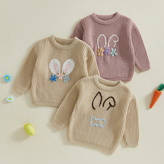 Baby Toddler Kids Girl Boy Children Bunny Rabbit Ears Flowers Bowtie Sweater Easter Clothes Long Sleeve Casual Knit Pullover Top