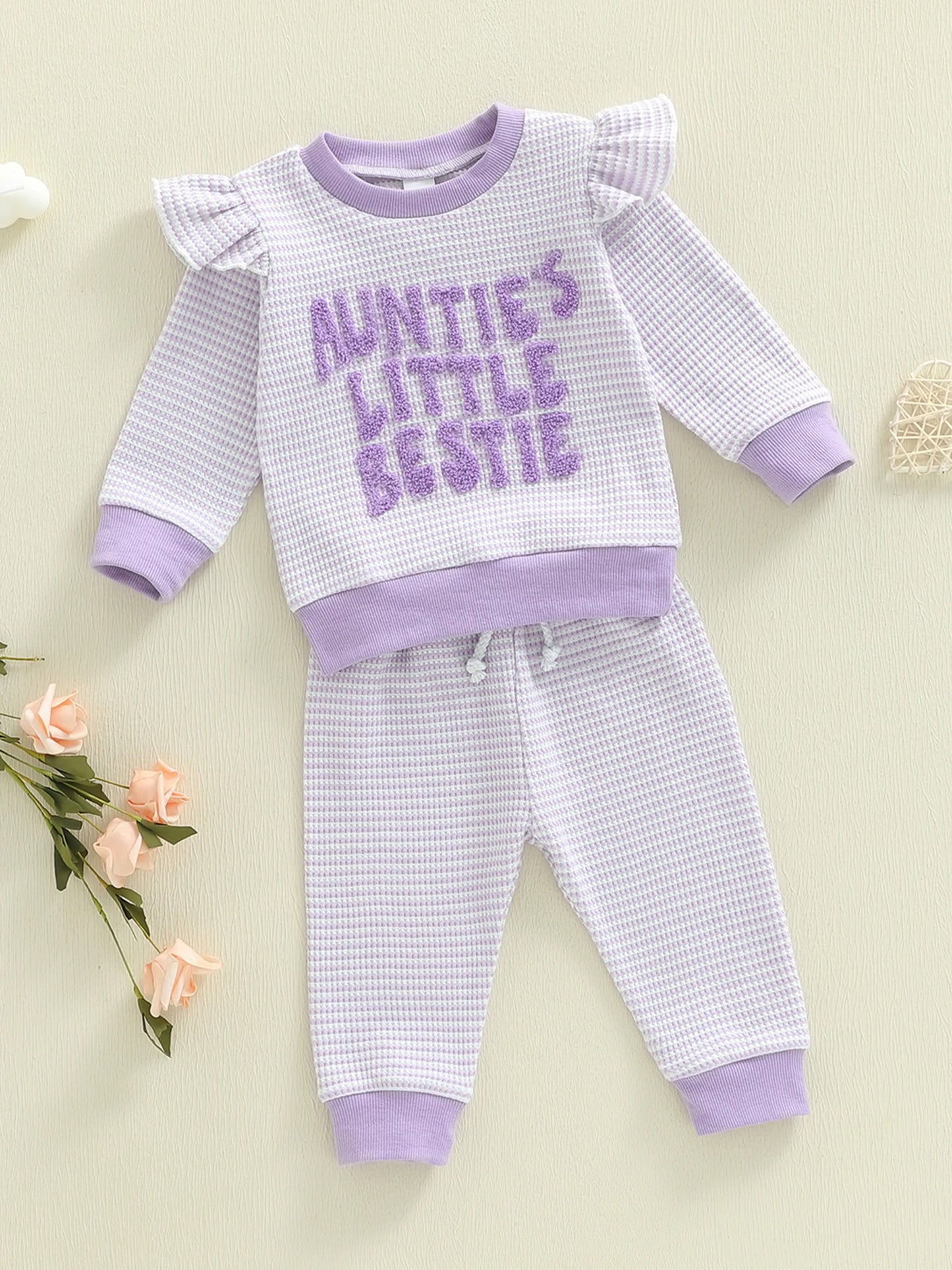 Baby Toddler Girl 2Pcs Auntie's Little Bestie Outfits Long Sleeve Letter Top Elastic Waist Pants Set Clothes