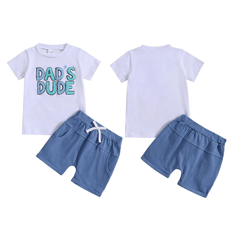 Baby Toddler Kids Boys Dad's Dude Summer Short Sleeve Letter Embroidery Top and Drawstring Shorts Outfit Set