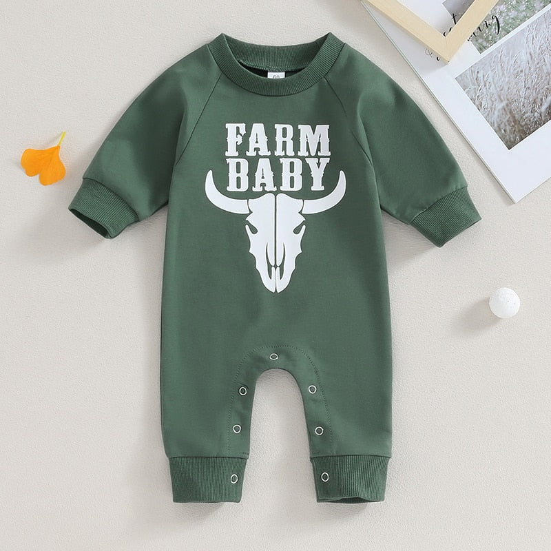 Baby Boy Girl Rompers Western Bull Head Letter Print Long Sleeve Jumpsuit Fall Clothes