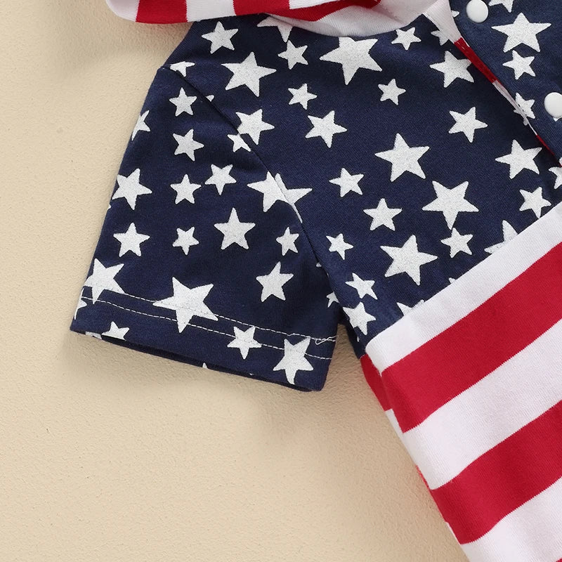 Toddler Baby Boy Girl 2Pcs 4th of July Outfit Short Sleeve Stars and Stripes Flag Print Hooded Top + Shorts Set Clothes