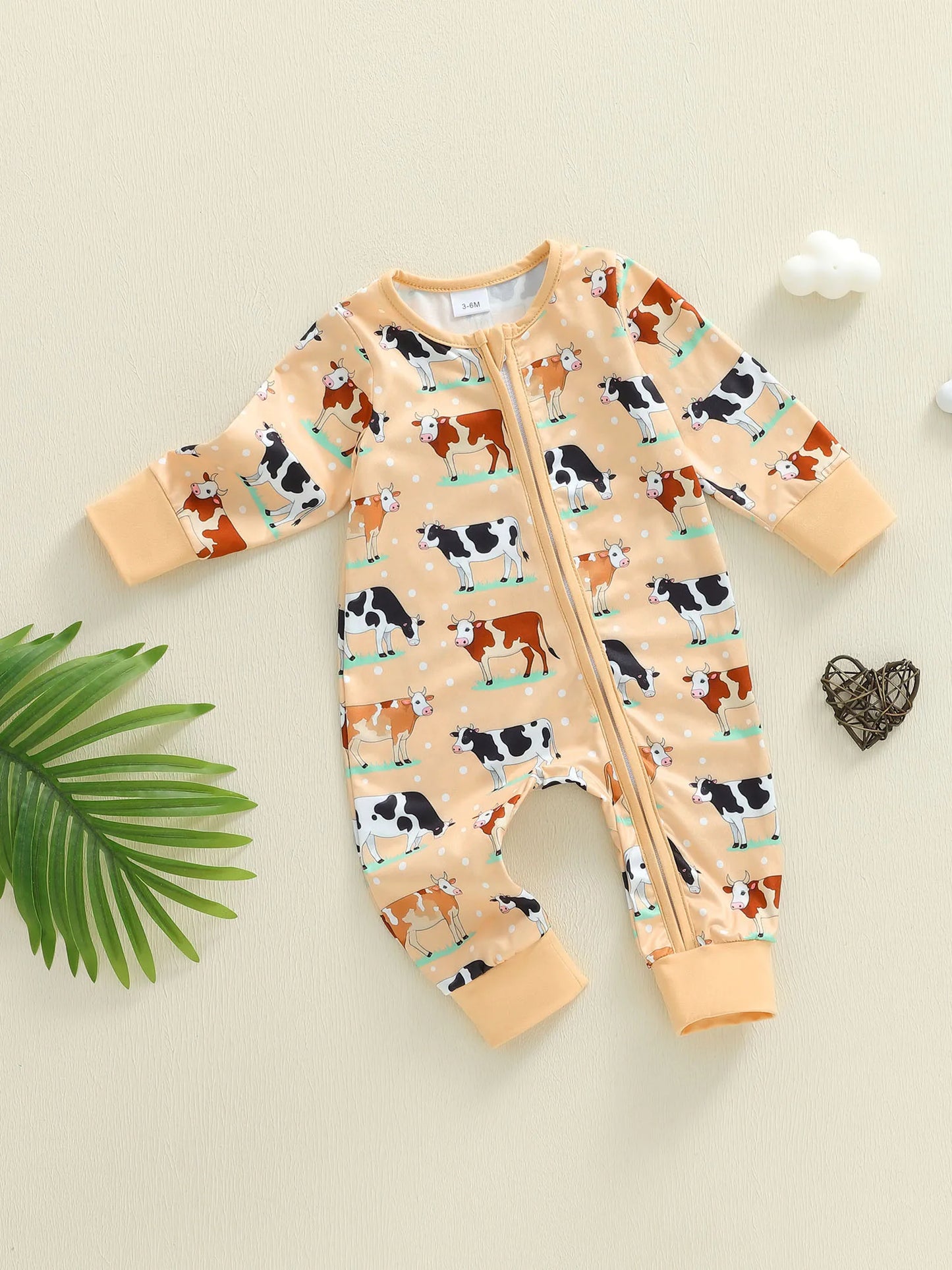 Baby Boy Girl Cow Printed Romper Fashionable Round Neck Long Sleeve Fall Spring Zipper Jumpsuits