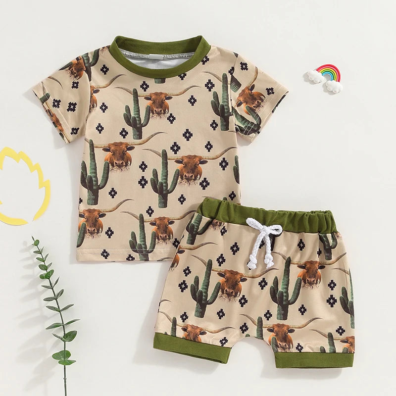 Baby Toddler Boys 2Pcs Western Outfit Short Sleeve Cactus Cattle Cow Horse Cowboy Print Top and Drawstring Shorts Set