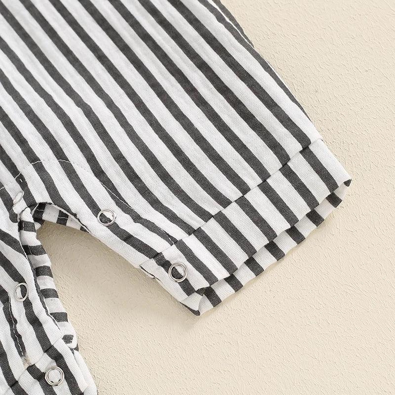 Baby Boy Striped Romper Short Sleeve Front Pocket Single-breasted Button Collar Legs Jumpsuit