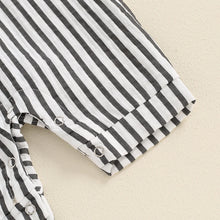 Load image into Gallery viewer, Baby Boy Striped Romper Short Sleeve Front Pocket Single-breasted Button Collar Legs Jumpsuit
