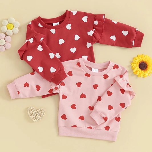 Baby Toddler Girl Valentine's Day Long Sleeve Ruffle Heart Print Pullover Top