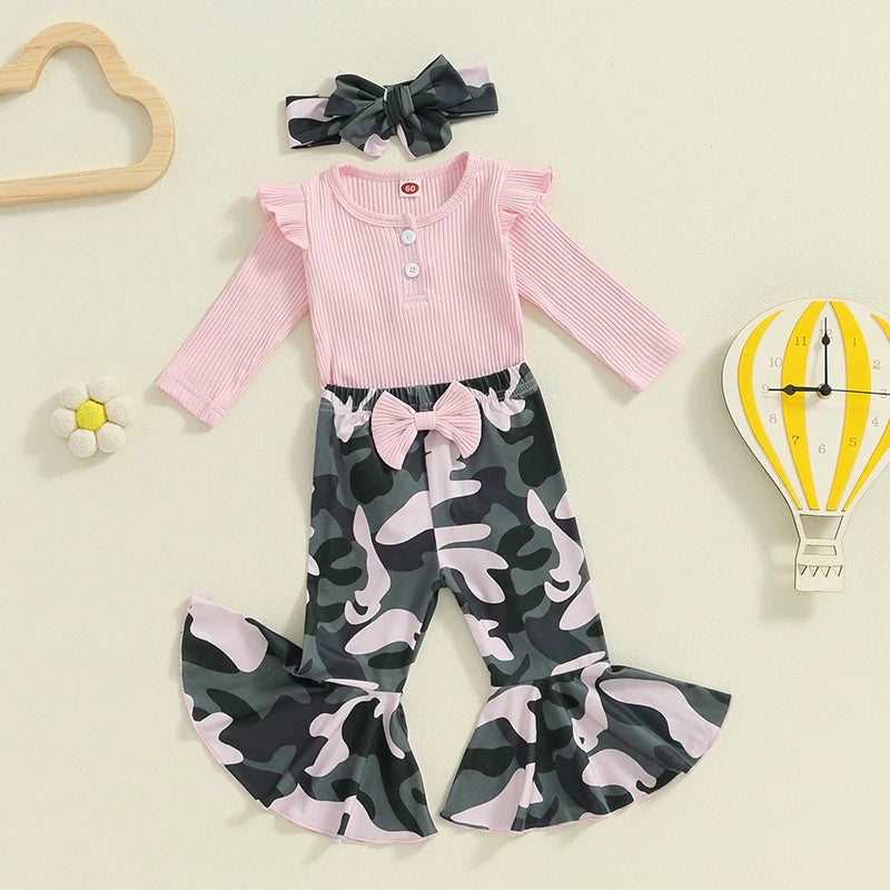 Baby Girls 3Pcs Fall Outfit Long Sleeve Ribbed Solid Color Romper Camouflage Print Flared Long Pants Headband Set