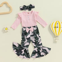 Load image into Gallery viewer, Baby Girls 3Pcs Fall Outfit Long Sleeve Ribbed Solid Color Romper Camouflage Print Flared Long Pants Headband Set
