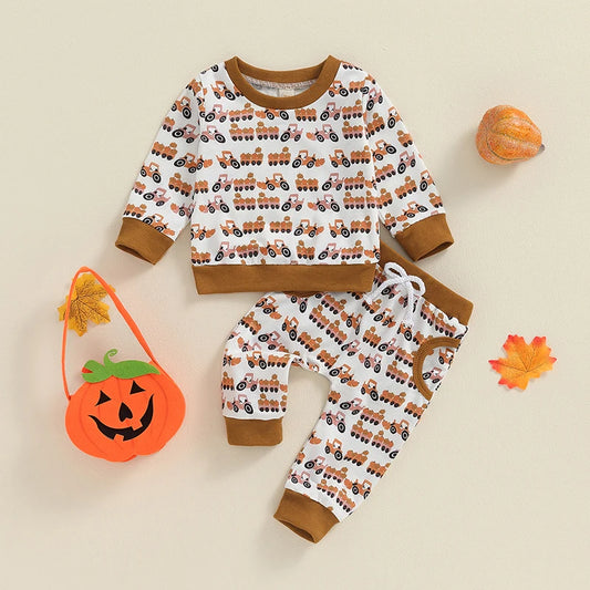 Baby Toddler Boys 2Pcs Halloween Outfit Pumpkin Trailer Tractor Print Long Sleeve Top and Long Pants Fall Set