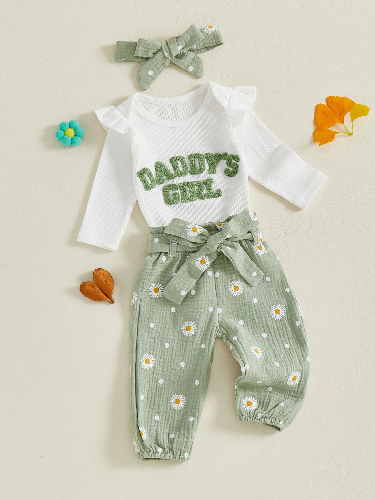 Baby Toddler Girls 3Pcs Daddy's Girl Fall Outfit Letter Embroidery Long Sleeve Romper Daisy Print Pants with Belt and Headband Set