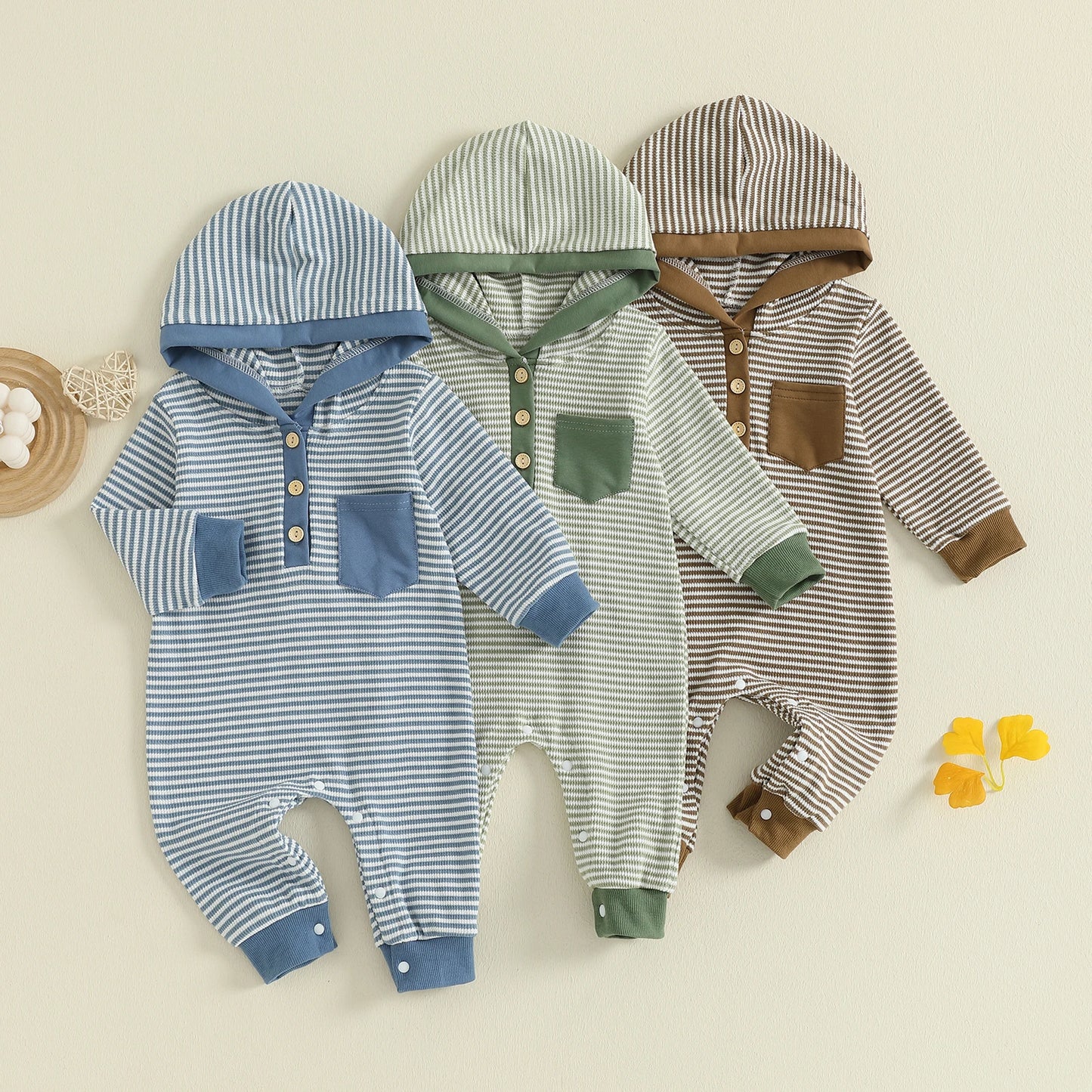 Baby Boy Striped Fall Romper Half Button-up Long Sleeve Hooded Jumpsuit Cute Waffle Clothes