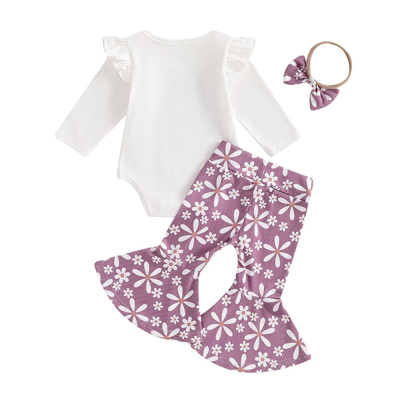 Baby Girls 3Pcs Little Sister Fall Set Frill Sleeve Letter Print Romper Floral Flower Flared Pants Headband Outfit