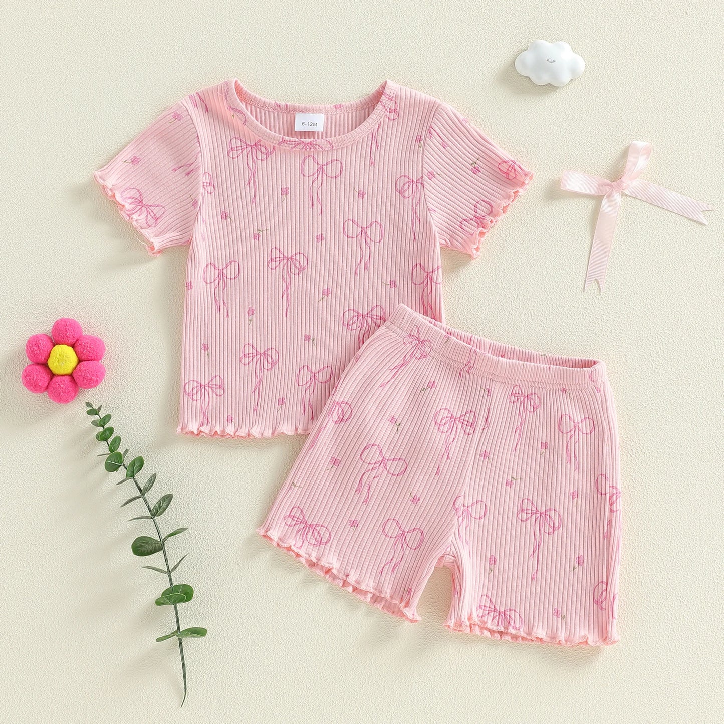 Baby Toddler Girls 2Pcs Clothing Set Fashionable Cute Bow Printed Short Sleeve Top with Shorts Outfit