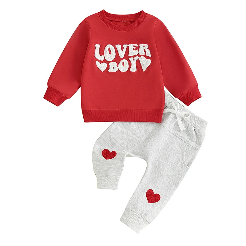 Toddler Baby Boy 2Pcs Valentine's Day Outfits Lover Boy Letter Embroidery Long Sleeve Top and Elastic Pant Clothes Set