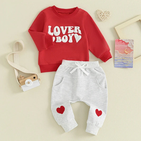 Toddler Baby Boy 2Pcs Valentine's Day Outfits Lover Boy Letter Embroidery Long Sleeve Top and Elastic Pant Clothes Set