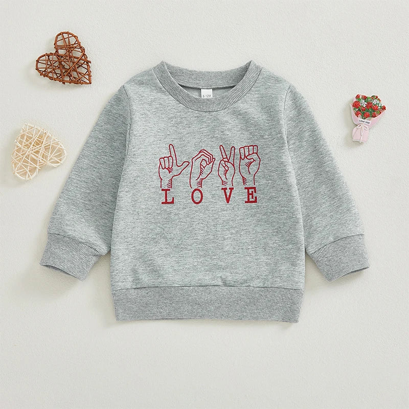 Baby Toddler Girls Boys Love Hand Sign Language Heart Print Long Sleeve Pullover Valentine's Day Valentines Top