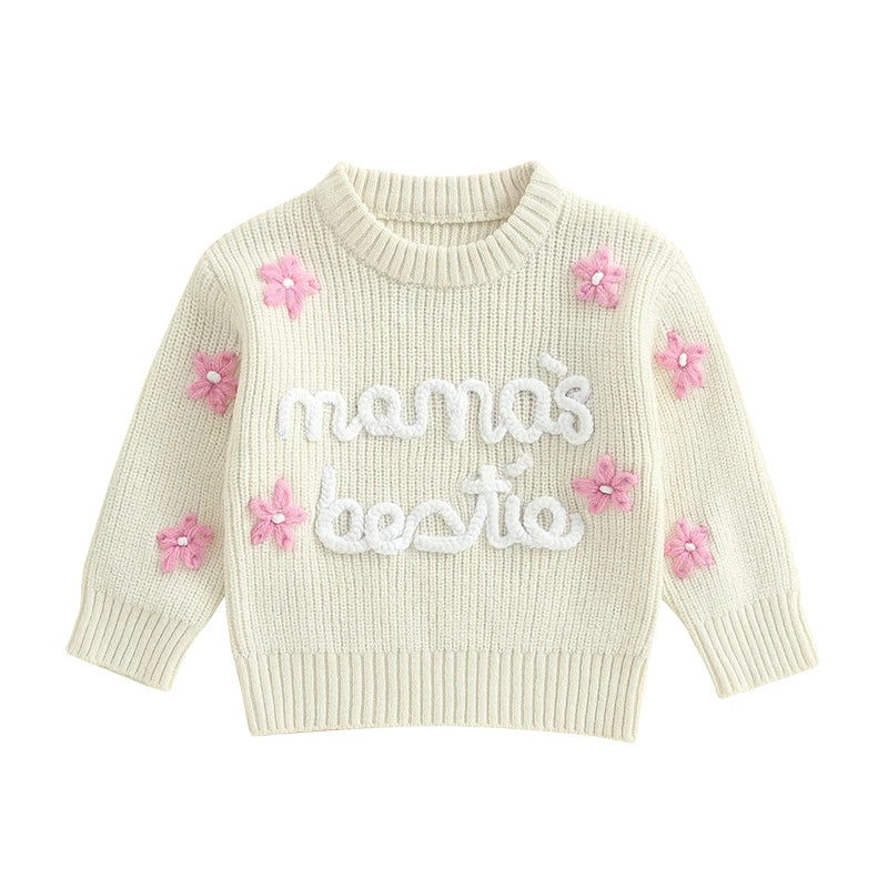 Baby Toddler Girl Mama's Bestie Knit Sweater Long Sleeve Flower Letters Embroidery Sweater Knitwear Top