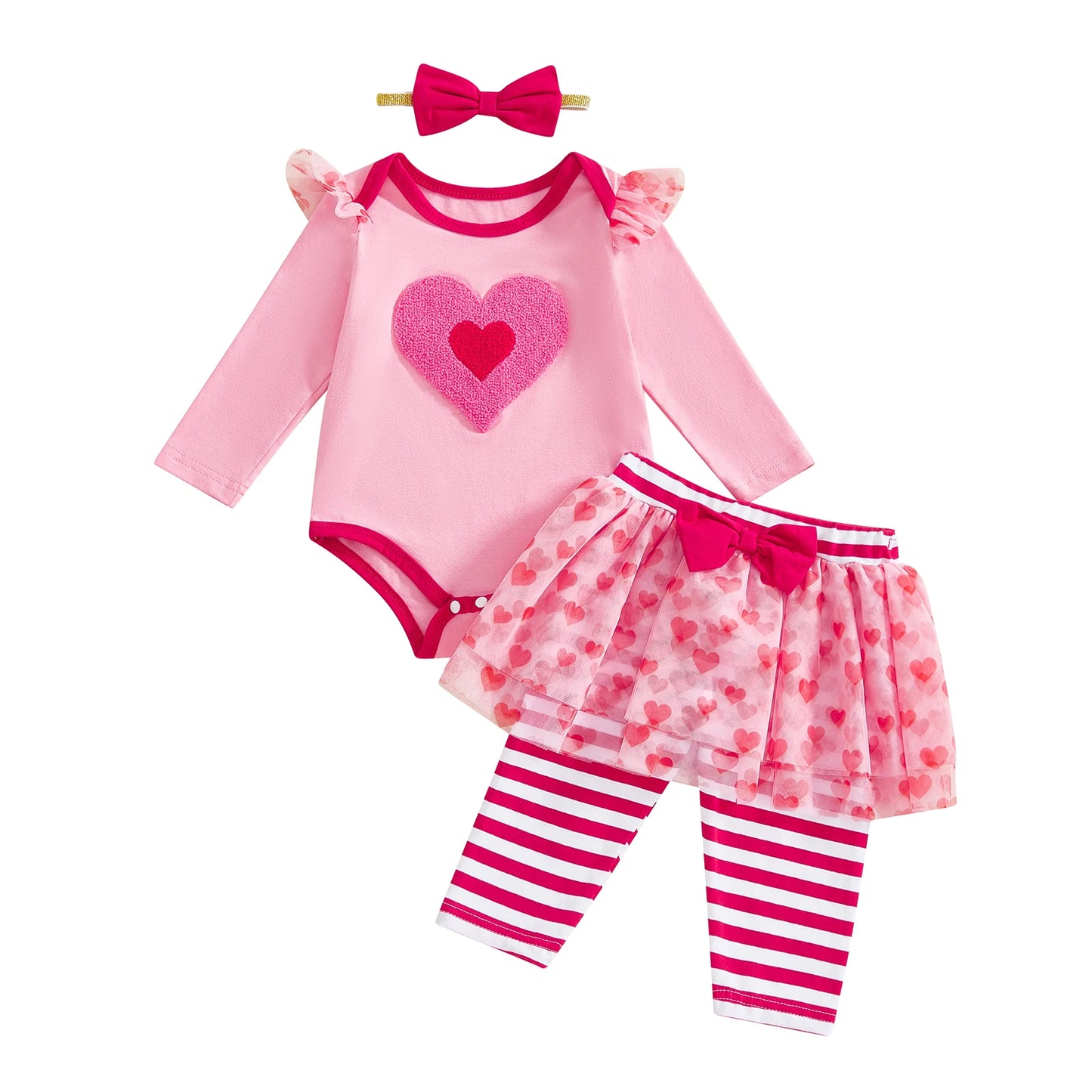 Baby Girl 3Pcs Valentines Day Outfit Heart Ruffle Long Sleeve Romper Striped Skirt Pants and Bow Headband 3 Piece Set