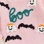 Baby Toddler Girls Halloween Sweater Long Sleeve Round Neck Letter Boo Ghost Embroidery Knit Pullover Top