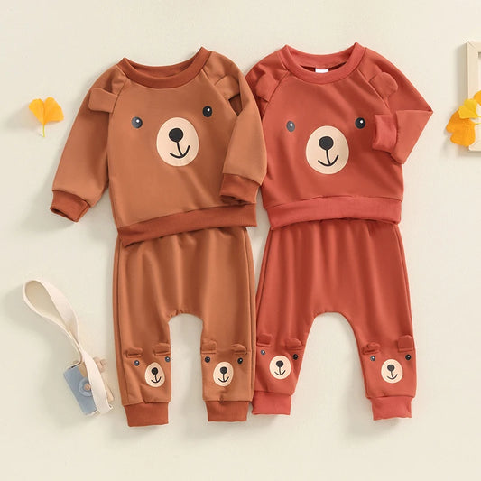 Baby Toddler Boys Girls 2Pcs Autumn Outfit Long Sleeve O Neck Bear Print Top Pants Set