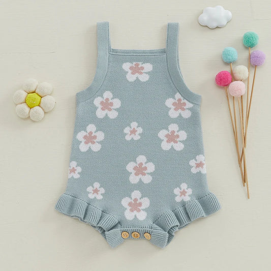 Baby Girls Summer Sleeveless Tank Strap Bubble Romper Knitted Floral Flower Print Bodysuit