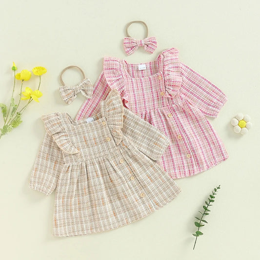 Toddler Kids Girls 2Pcs Dress Square Neck Ruffles Plaid Buttons Long Sleeve Casual Fall Princess Dress with Headband Set