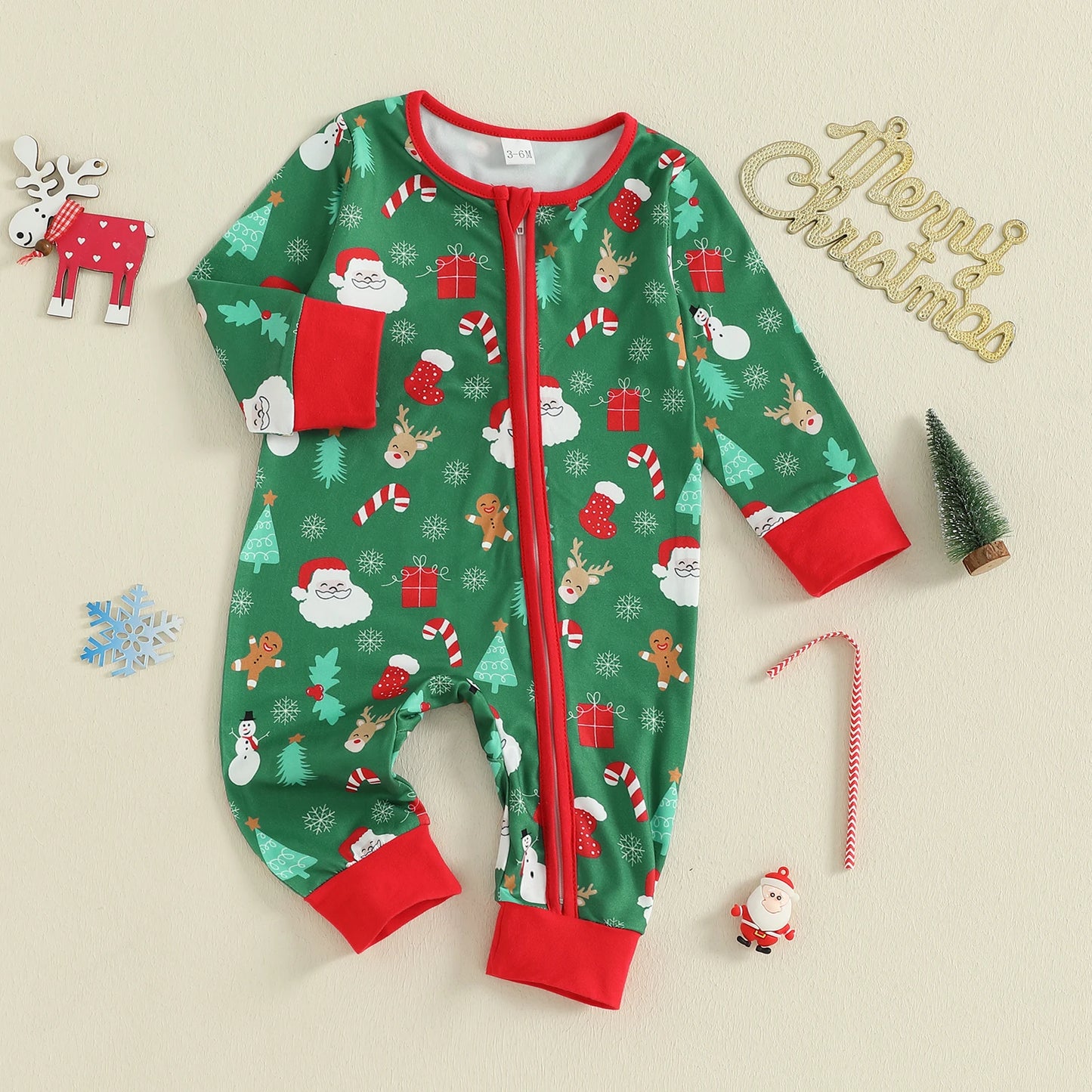 Baby Boys Girls Christmas Zipper Romper Reindeer Santa Print Zip Up Long Sleeve Round Neck Jumpsuit