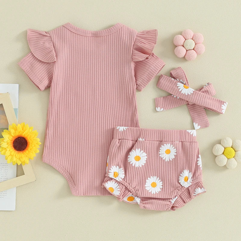 Baby Toddler Girls 3Pcs Outfits Mama's Mini Letter Print Short Sleeve Frilly Romper and Daisy Print Shorts Headband Set